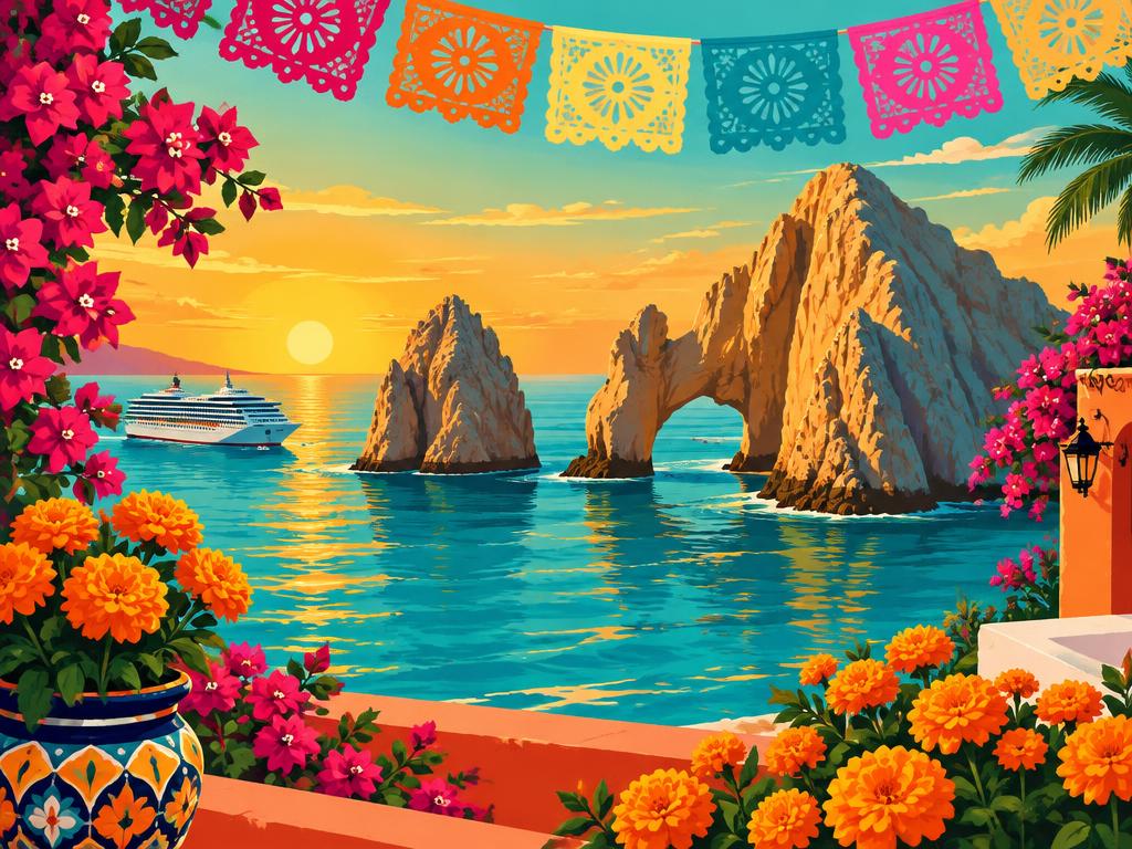 Illustration of El Arco in Cabo San Lucas at sunset